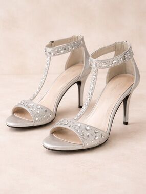 Caparros Silver Crystal T-Strap Heels